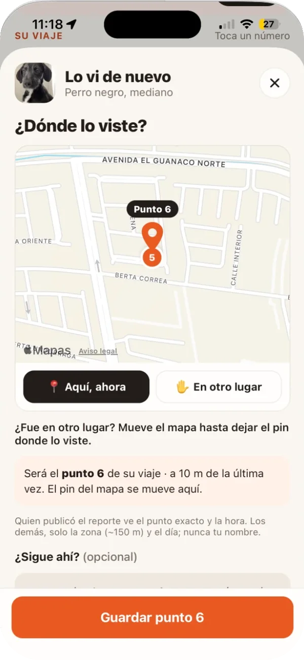 Pantalla Lo vi de nuevo, con el mapa y el punto 6 de su viaje