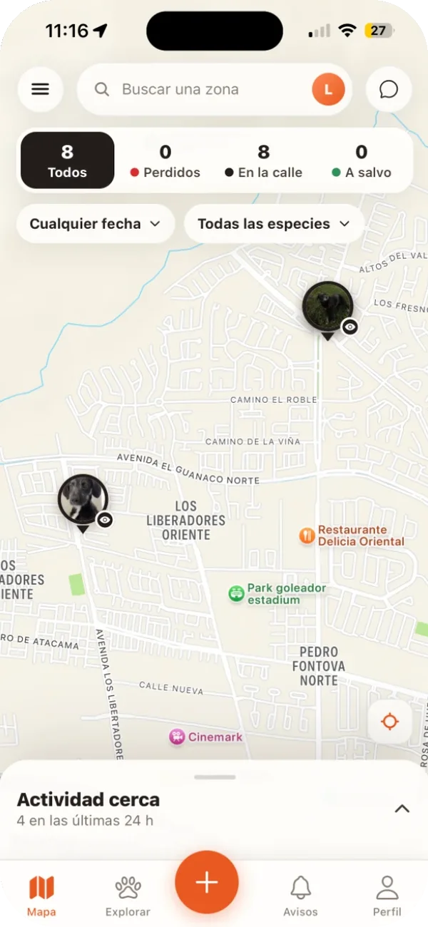 Mapa de Silbido con los animales vistos en el barrio