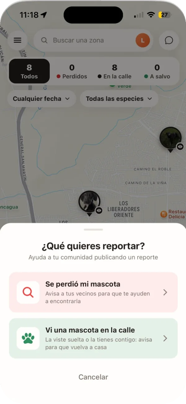Menú del botón + con las opciones para avisar